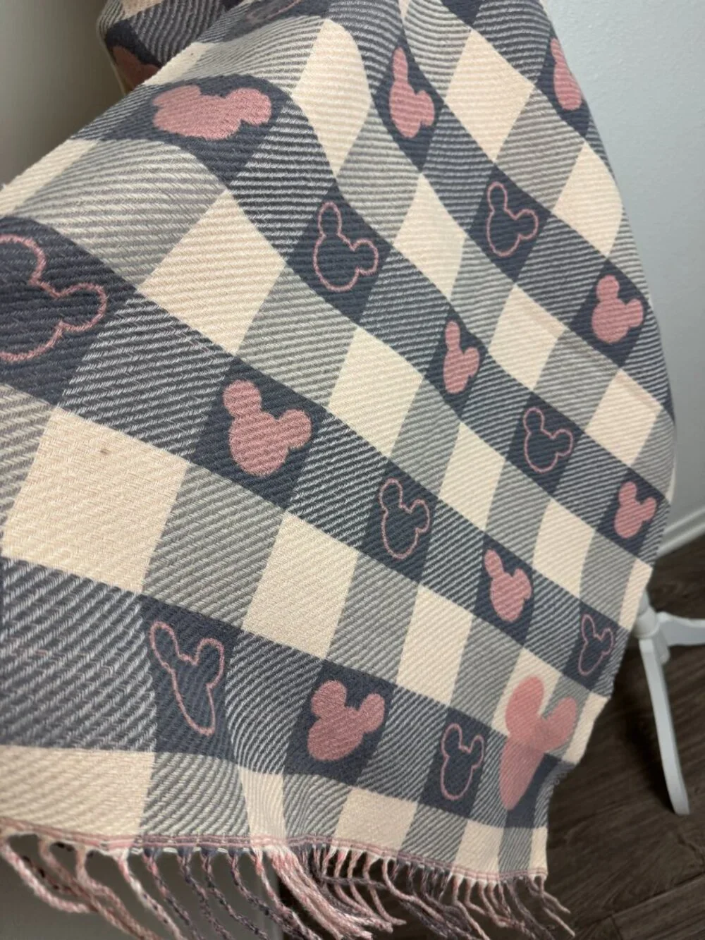 Disney Mickey Mouse Checkered Fringe Scarf Character Motif  Pink & Gray
